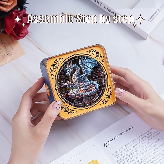 3D Puzzle Nightlight-DIY LED Light 3D Dragon Library Wooden Jigsaw Puzzle-Art Lamp and Craft Kits for Adults-Birthday Gifts Toys-Home Desk Decor Family Game