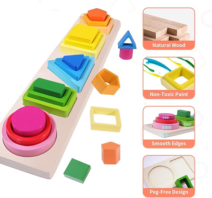 Montessori Toys for 1+ Year Old, Wooden Baby Stacking Shape Color Sorting Toys for Toddlers 1-3, Preschool Learning Activities Toddler Games, 1 2 3 Year Old Girls Boys Birthday Gifts