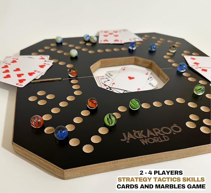 Jackaroo Board Game - 2-4 Player Cards and Marbles Board Games - Marble Strategy Game - Carbles Game - Marbles and Jokers Board Game Wooden Wahoo Board - Dirty Marble Wood Strategy Games (Black)