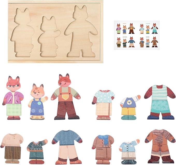 Wooden Dress-Up Puzzles for Toddlers Ages 3-5 Fox Family Mix-and-Match Game with Storage Box Educational Gift for Boys Girls