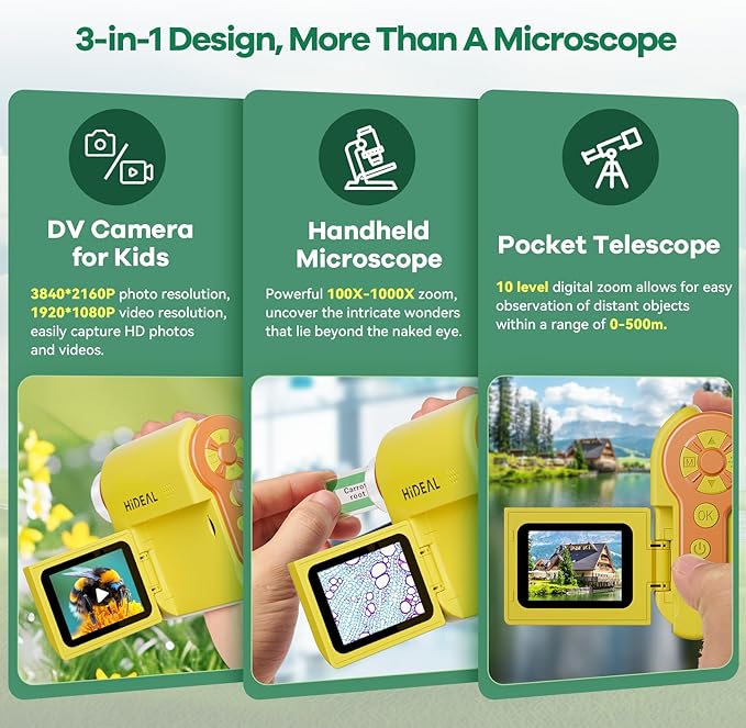 HP20 IPS Microscope for Kids: [3-in-1] [Easy and Fun] 2" Portable Handheld Microscope Miniscope, Pocket Mini Scope Educational Science Kit, Christmas Birthday Gifts for Kids, 32GB, Yellow