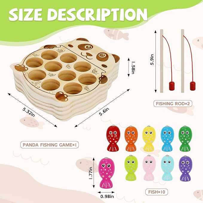 Wooden Magnetic Fishing Game, Panda Magnetic Fishing Toy for Kids 3-5, Montessori Preschool Education Learning Color Sorting Fine Motor Skill for Toddlers