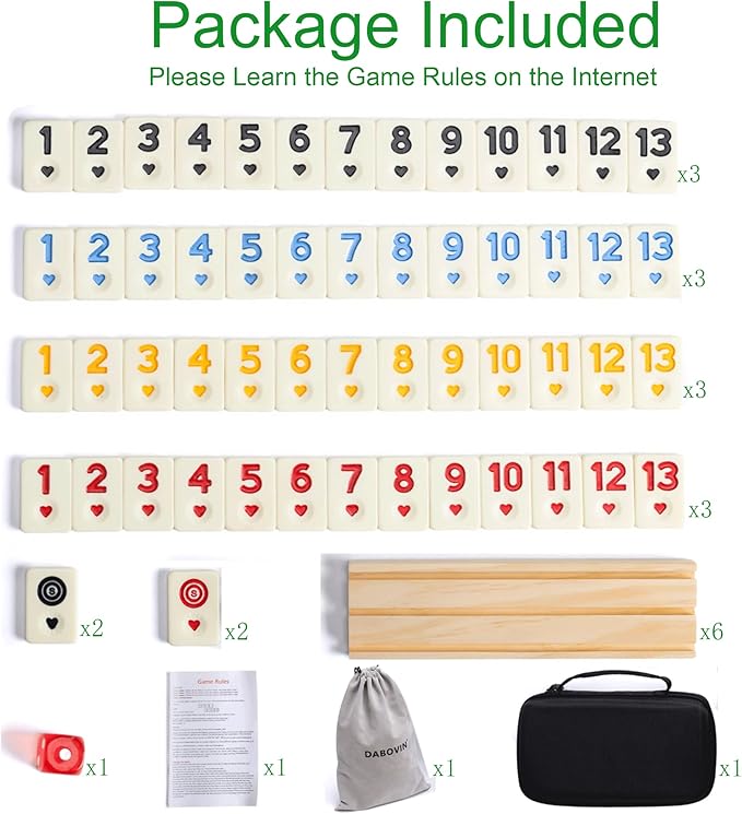 Upgraded Rummy Game Set, 6 Players Edition with 6 Tile Holders and 160 Rummi Tiles, Family Classic Board Games for Adults & Kids