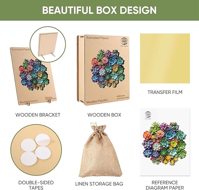 Mys Aurora Succulent Wooden Puzzles for Adults, 500 Piece Unique Shaped Wood Jigsaw Puzzles for Adults and Kids, Fun Challenging Puzzles Family Game Gift, Medium 16.9'' x 16.5''