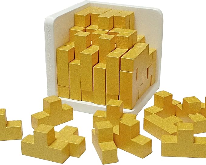 3D Wooden Brain Teaser Puzzle Cube Wooden Puzzles T-Shaped Jigsaw Logic Puzzle Game Puzzles Educational Toy for Kids and Adults (Golden)