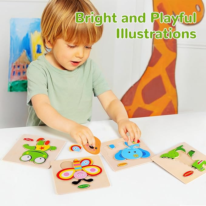 Wooden Puzzles for Toddlers 1-3, Pack of 8 Toddler Animal Puzzles Ages 2-4, Montessori Educational Animals Jigsaw Puzzles Christmas Birthday Gift for Baby Girl Boy Ages 1 2 3 4 Year Old