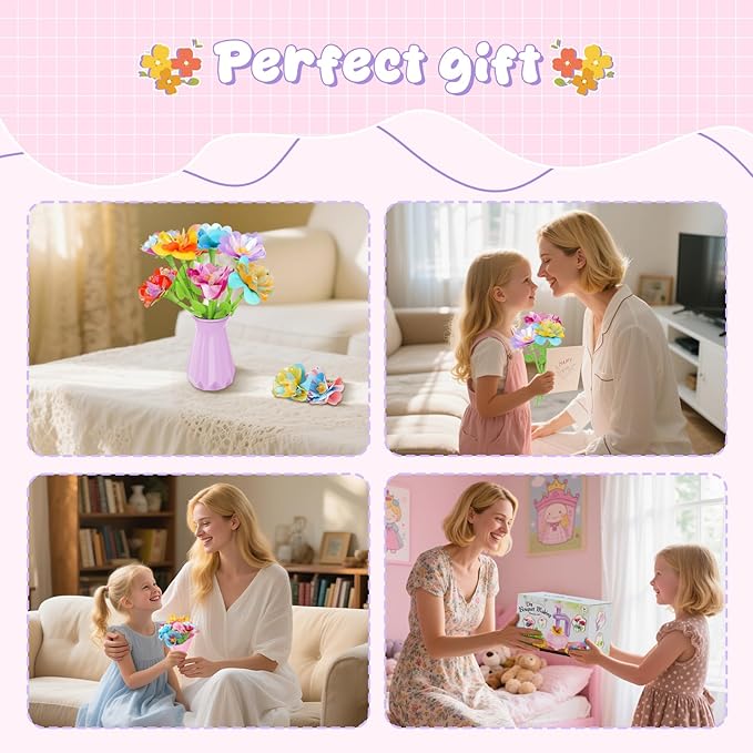 FUNZBO Fabric Flower Bouquets Toys Craft Kit, DIY Arts and Crafts for Kids Ages 4-6-8, Flower Making Toys for 4 5 6 7 8+Year Old Girl Birthday Gifts Ideas, Creative Activity Craft Flowers fot Toddler