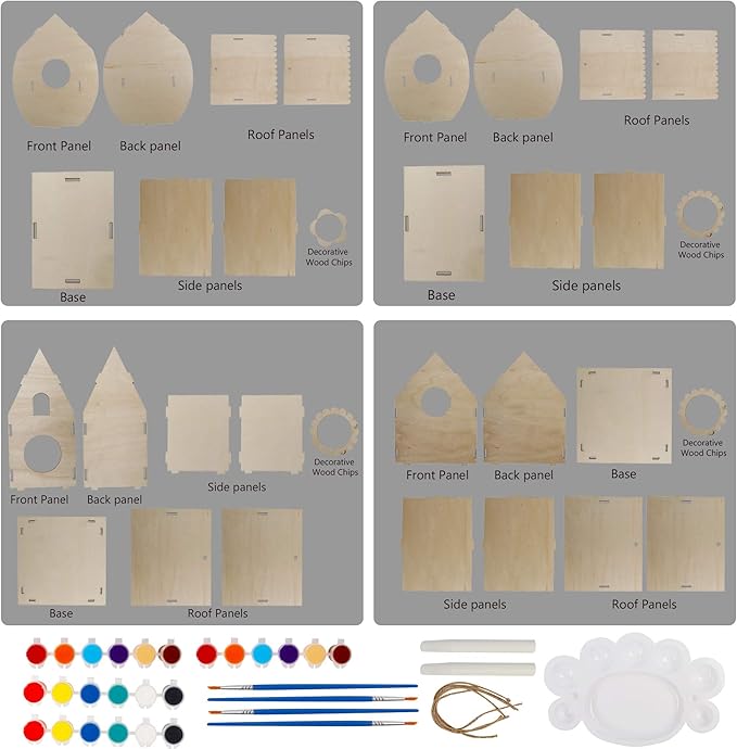 Glintoper Art Craft Wood Toys for Kids, 4 Pack DIY Bird House Kit Painting Puzzle DIY Wooden Assembly, Build and Paint Birdhouse, Include Paints & Brushes, Wooden Arts for Girls Boys Toddlers