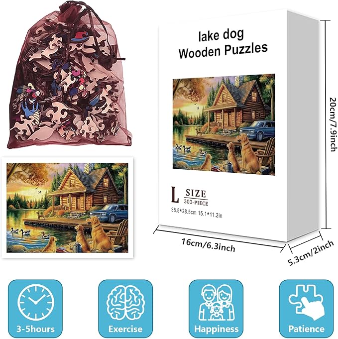 GLOBLELAND 300Pcs Lake Dog Wooden Jigsaw Puzzles for Adults 11.22x15.16inch Colorful Golden Retriever and Duck Wood Puzzles Holiday Birthday Gifts
