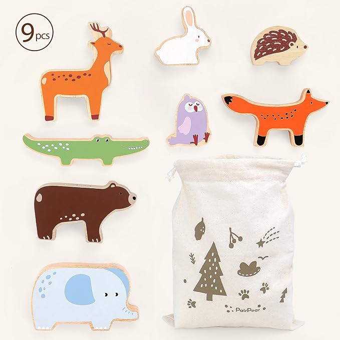 PairPear Large Wooden Animal Stacking Blocks for Toddlers, Montessori Toys Building Stacking Toys & Bag, Educational Balancing Activity Toy for Kids Toys Age 18 Months+