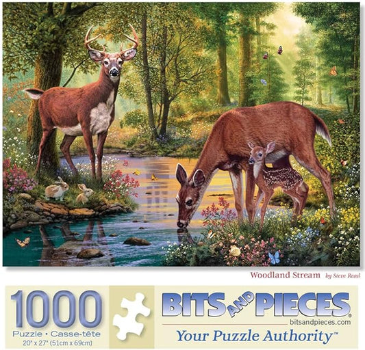 Bits and Pieces – 1000 Piece Jigsaw Puzzle for Adults – Woodland Stream - Deer Stream Forest Tree Flower Nature Water Animals Woods Jigsaw Puzzle by Artist Steve Read, Completed Puzzle Size: 20" x 27"