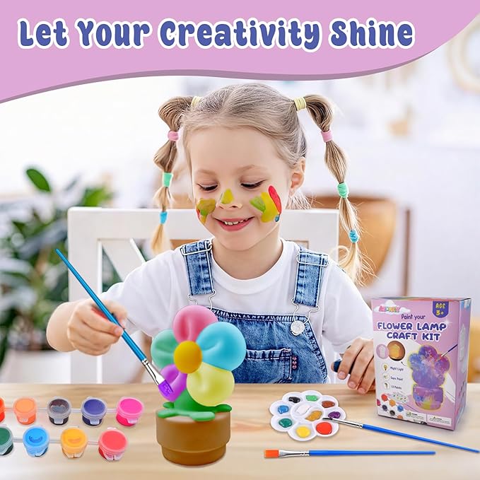 ASIOWELY Paint Your Own Flower Lamp Kit,Arts and Crafts Supplies for Kids Toys Ages 4-6-8-12,DIY Art Night Light Painting Set for Girls Ages 5-10,Birthday Gifts for 3-12 + Year Old Toddler Teens Adult