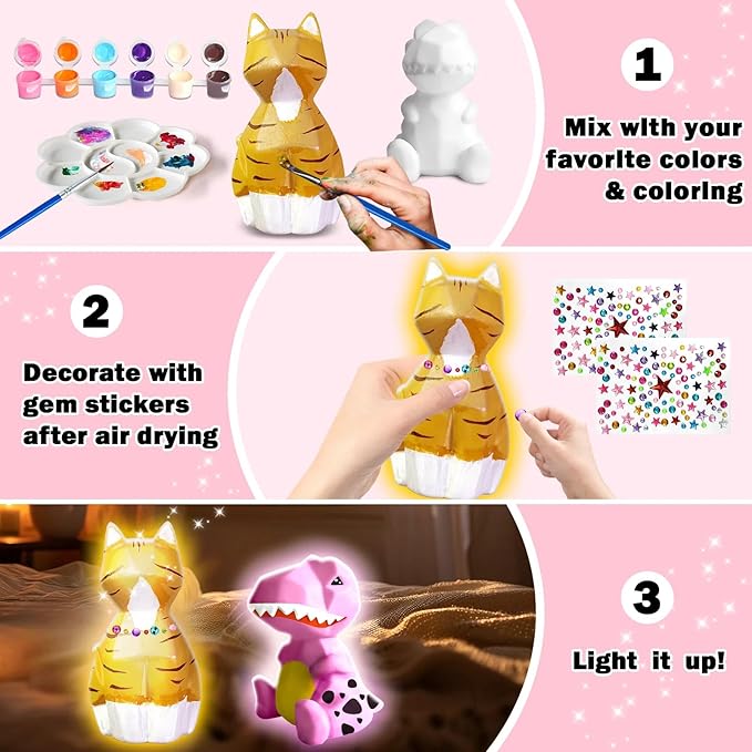 FUNZBO 2Pcs Paint Your Own Dinosaur & Cat Lamp - Arts and Crafts Supplies Painting Kits for Kids Teens Adults, DIY Night Light Toy for Toddlers Girl Boy Ages 3 4 5 6 7 8 9 10 11 12 13 + Birthday Gifts