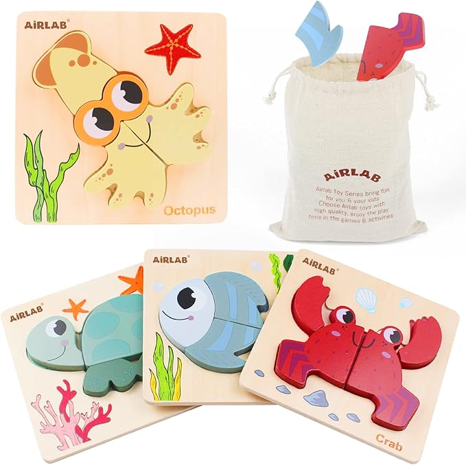 Wooden Puzzles for Toddlers Ocean Animals Montessori Toys Year Old Baby Girl Boy Gifts Educational Learning Bright Color Chunky Shape Puzzle Pack of 4
