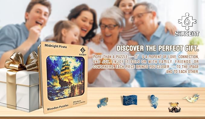 Wooden Jigsaw Puzzle, 200-500 Pieces Unique Shape Animal Puzzle, for Adults & Kids, Birthday Gift Family Game, Decorative Puzzle, Unique Gift (Midnight Pirate, 200 PCS)