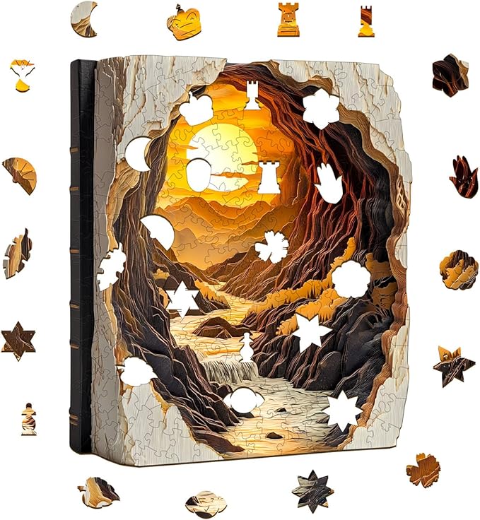 Wooden Puzzles for Adults Fathers, 3D Vision Effect Sunset Book Wooden Jigsaw Puzzle Unique Shape Wood Puzzle Adult, Challenge Flat Puzzle Birthday Family Game (S-8.5 * 7in-100pcs)