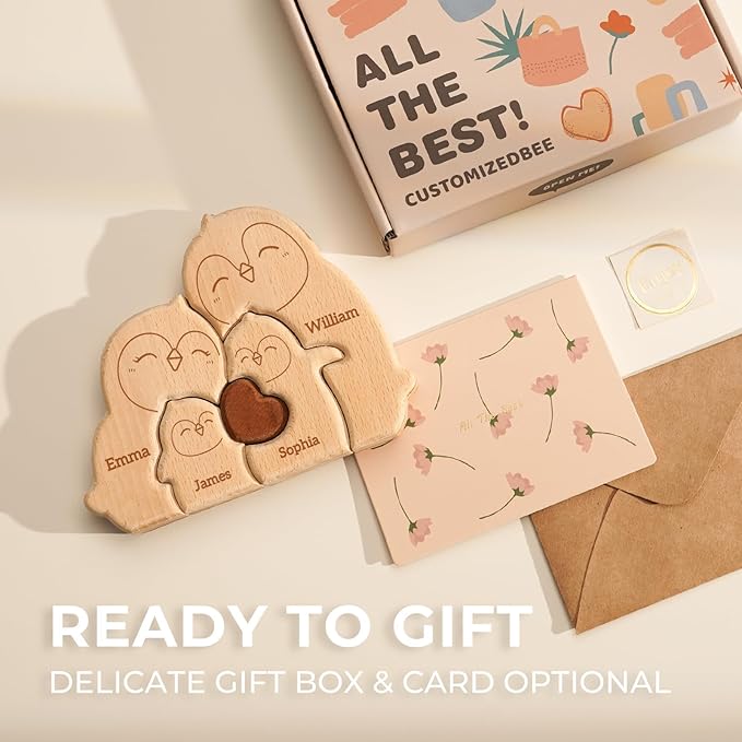 Wooden Penguin Family Puzzle, Personalized Puzzles with 2-5 Names, Fathers Day Birthday Personalized Gifts for Kids Boys Girls Mom Dad Grandma, Christmas Thanksgiving Decorations