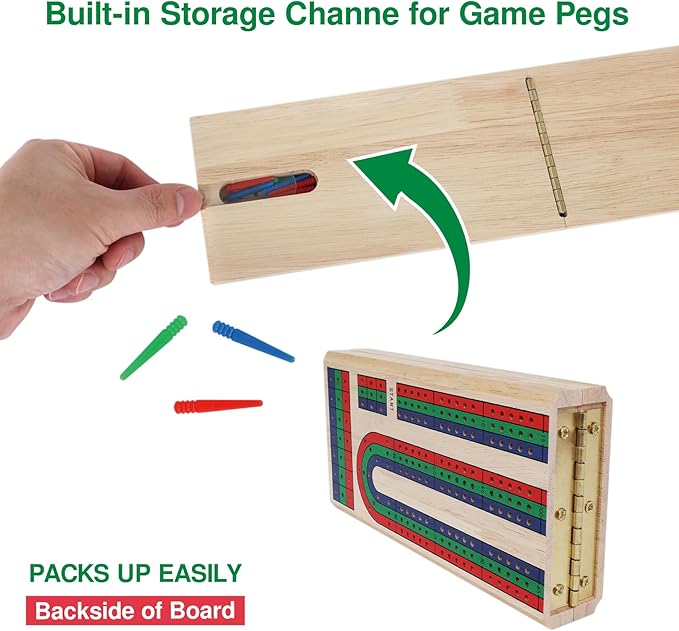 GOTHINK Folding Cribbage Board Game Set, Classic Wooden Cribbage Boards Game for Family Fun, 9 Multi-Colored Pegs, 3 Tracks, Red Green Blue Pegs for 2-3 Players