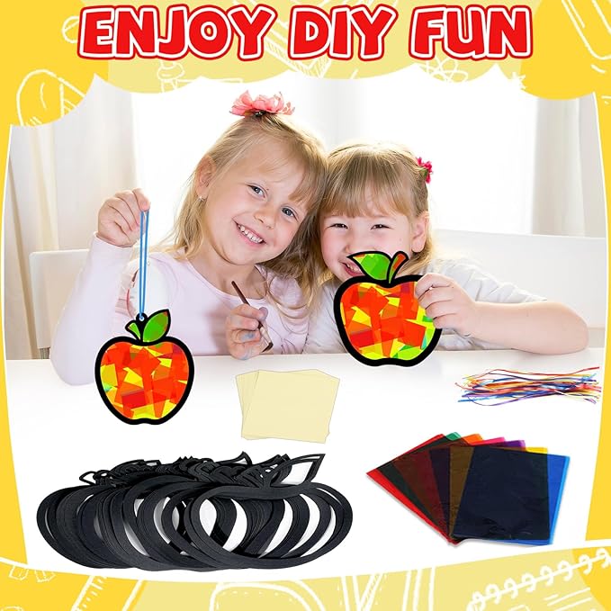 QOUBAI 32 Sets Back to School Apple Suncatchers Craft Kit DIY Window Stained Glass Effect Fall Apples Paper Craft for Home School Classroom Decor Kid Birthday Gifts Creative Art Projects Activity Game