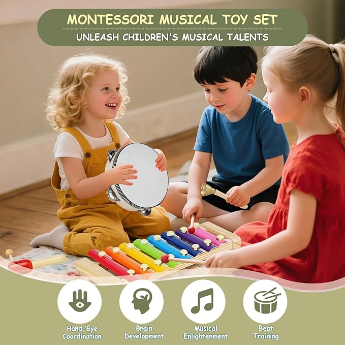 Hayder Baby Musical Instruments Set, 12 Pcs Wooden Montessori Musical Toys for Toddlers 3+ Years Old, Kids Percussion Instruments Toy