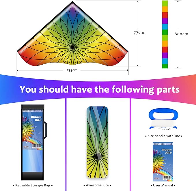 HONBO Large Delta Kite for Kids & Adults,Extremely Easy to Fly Kite for Beach Trip,String Line Included,with Colorful Tail,Perfect for Beginners