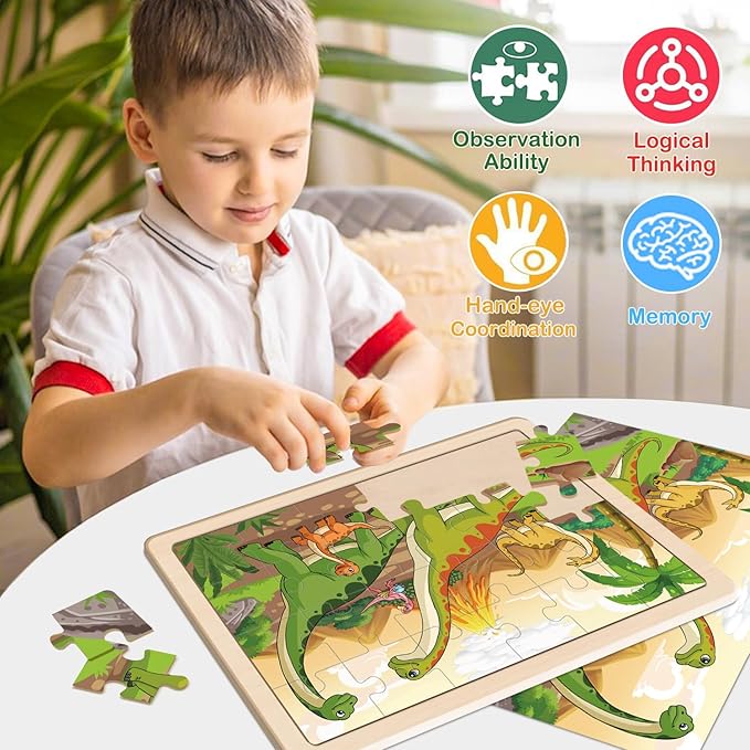 Puzzles for Kids Ages 4-6, Large Dinosaur Wooden Puzzles, 4 Packs 24 PCs Jigsaw Puzzles Preschool Educational Toys Gifts for 3 4 5 6 Year Old Boys Girls