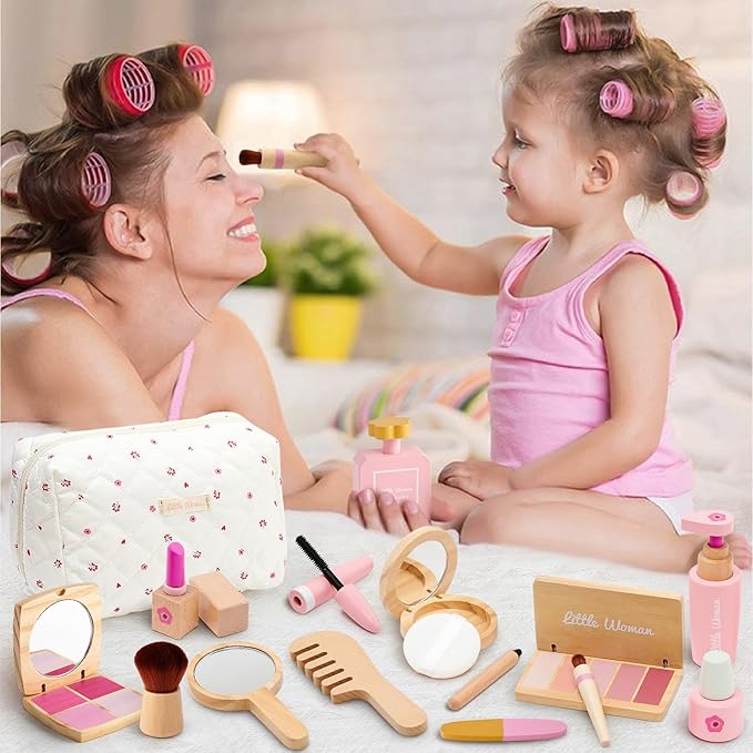 Lonico Wooden Makeup Toy Set for Girls Pretend Play Makeup Kit for Toddlers 3-5 with Eyeshadow/ Mascara/ Perfume/ Blush/ Mirror/ Bag, Birthday Gifts for Girls Toys Kids Aged 3 4 5 6 7 8
