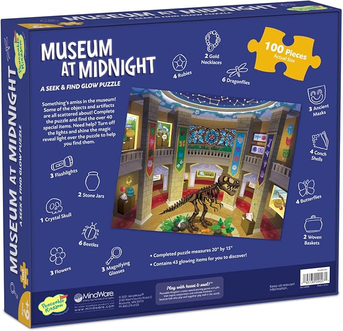 Peaceable Kingdom Museum at Midnight – 100-Pc. Seek & Find Glow Puzzle for Kids Ages 6 & Up – Included Blacklight Reveals Hidden Items – Great for Home or Classrooms