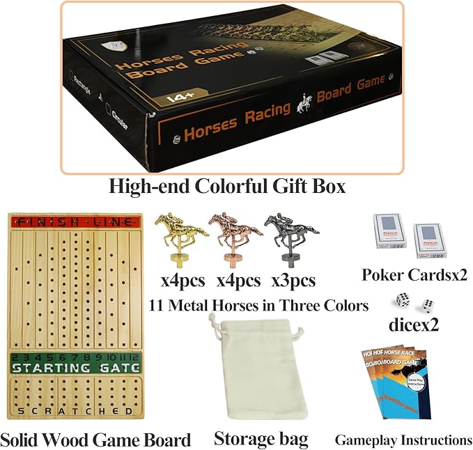 HOROW Metal Horse Racing Board Game Card Board Game Finish Line Luxury Edition Solid Wood Race Game Board 11 Batches of Metal Model Horses 2 Sets of Dice and 2 Boxes of Cards…