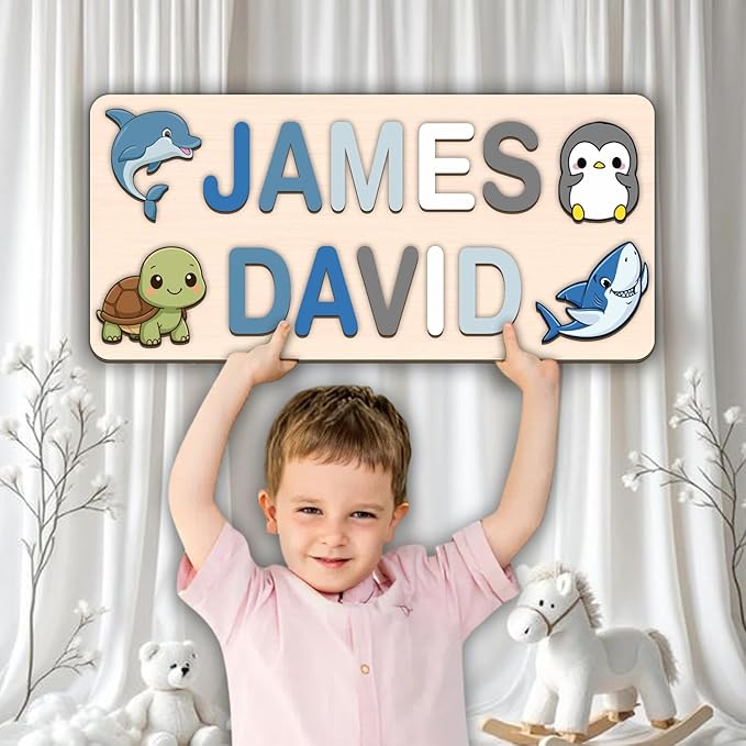 LOVELYPOD Personalized Name Puzzle for Kids, Custom Name Puzzles for Toddlers 1-3 Animal Puzzle, Customized 1st Birthday for Girls & Boys Wooden Toys for Kids, for New Baby - Style 19