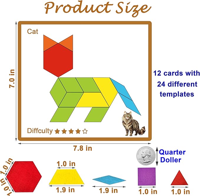 Dementia Activities for Patients, 80 Pieces Wooden Tangrams Cognitive Game for Seniors, Colorful Shape Pattern Alzheimers Products for Elderly, Easy Tile Matching Memory Puzzle Board Gifts