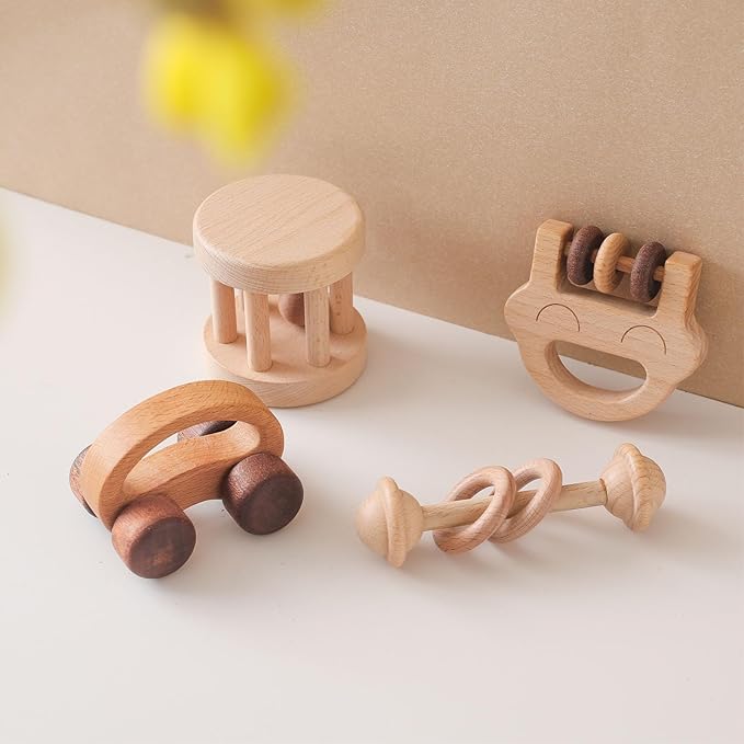 Wooden Baby Rattle Set, Newborn Wooden Rattle Toy, Natural Wooden Montessori Baby Grip Toy, Baby Gift Toy, Wood Rattle Set-7