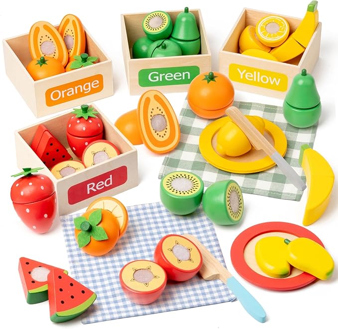 Wooden Play Food Sets for Kids Kitchen Accessories, Velcro Fruit and Veggies Cutting Set for Kids, Pretend Play Food for Toddlers, Montessori Color Sorting Toys for Girls Boys