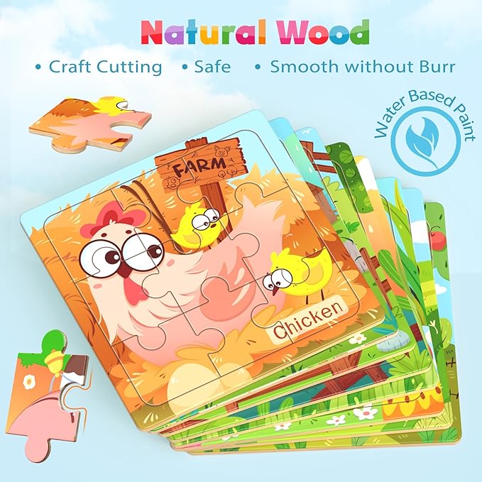 Wooden Puzzles for Toddlers, 8 Pack Farm Animal Jigsaw Puzzles for Kids3-5, 9 Pieces Preschool Learning Activities, Learning & Educational Toys, Gift for Boys, Girls
