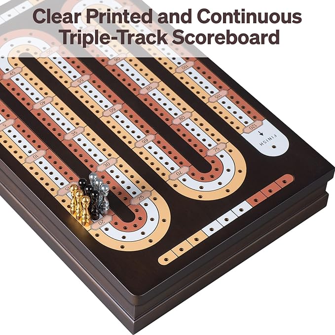 Wooden Magnetic Cribbage Board Game| Travel 3-Track Scoreboard Set| 2 Playing Cards| 9 Metal Pegs| Compact Size for Travelling Game Night (Instruction Included)