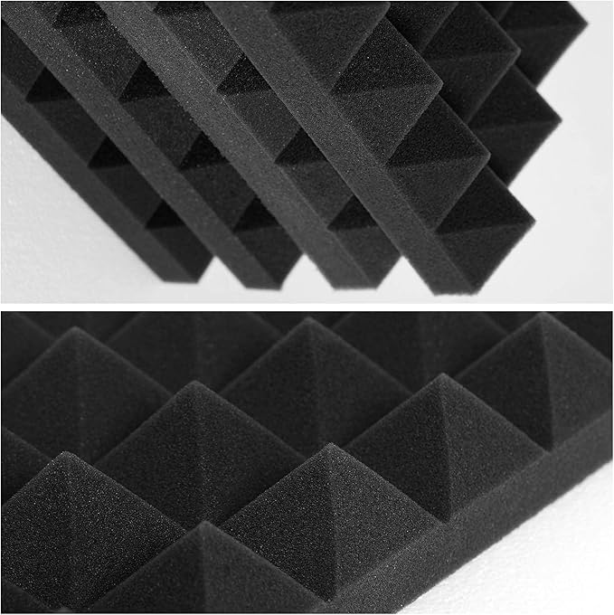 Acoustic Panels - 12 Pack 12x12x2 Inches Black Pyramid Acoustic Foam, Fire-Proofed Soundproof Wall Panels, 25kg/cbm Sound Proof Foam Panels ， Sound Panels for Recording Studio and Music Room