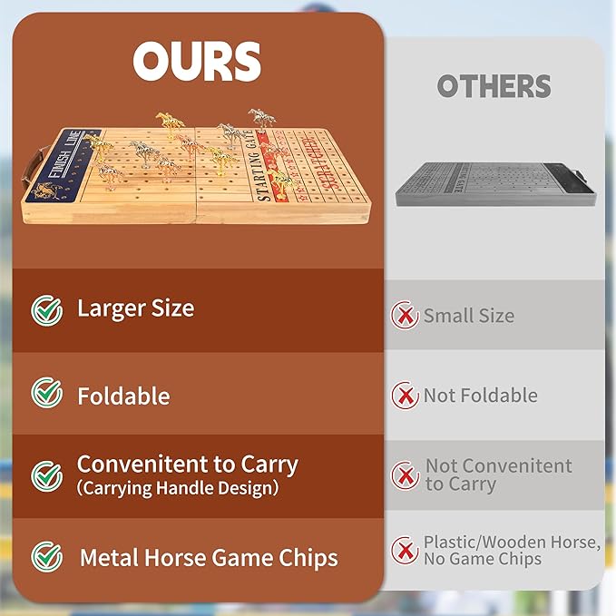 Bravmate Large 21 Inches Horse Race Board Game, Solid Wood Foldable Horse Racing Game with 11 Luxury Metal Horses, 2 Wooden Dice, 2 Boxes of Cards, 80 Chips for Parties