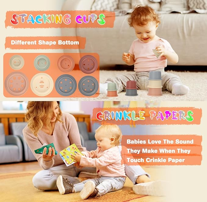 Baby Toys 6 to12 Months, 7 in-1 Montessori Toy for 6-9-12-18 Month Old with Pull String Toy, Sensory Bin Toys, Stacking Baby Blocks & Soft Infant Ring & Sensory Ball, Stacking Cups for Toddler Gift
