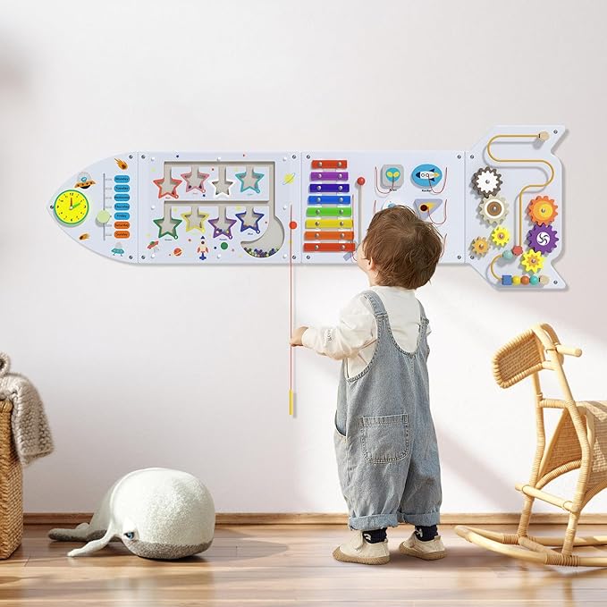 Rocket Activity Wall Busy Board Panels - Sensory Wall Panel for Kids, Montessori Toddler Wall Activity Board, Wall Toys for Toddlers 3, Activity Cube, Wooden Boards, White Grey(4PCS)