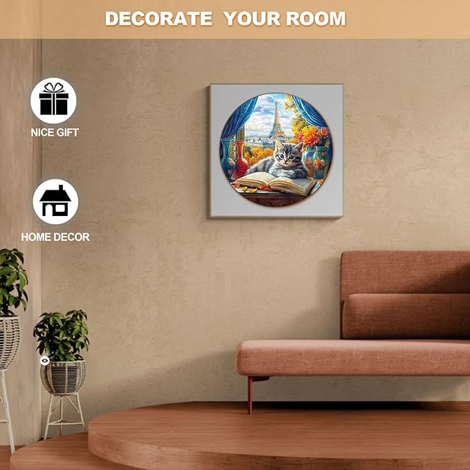 KAAYEE Wooden Puzzles for Adults, 3D Visual Effect Paris and Cat Wooden Jigsaw Puzzle Unique Shape Wood Puzzle Adult, 3D Effect Flat Puzzle Birthday Family Games (M-11.4 * 11.4 in-200pcs)