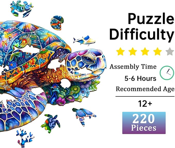 Jigfoxy Wooden Puzzles for Adults, Sea Turtle Wood Puzzles Adult, Unique Animal Shape Wooden Jigsaw Puzzles for Adults, Birthday Gifts for Puzzle Lovers, Family, Friend (L-13.3 * 8.9in-220pcs)