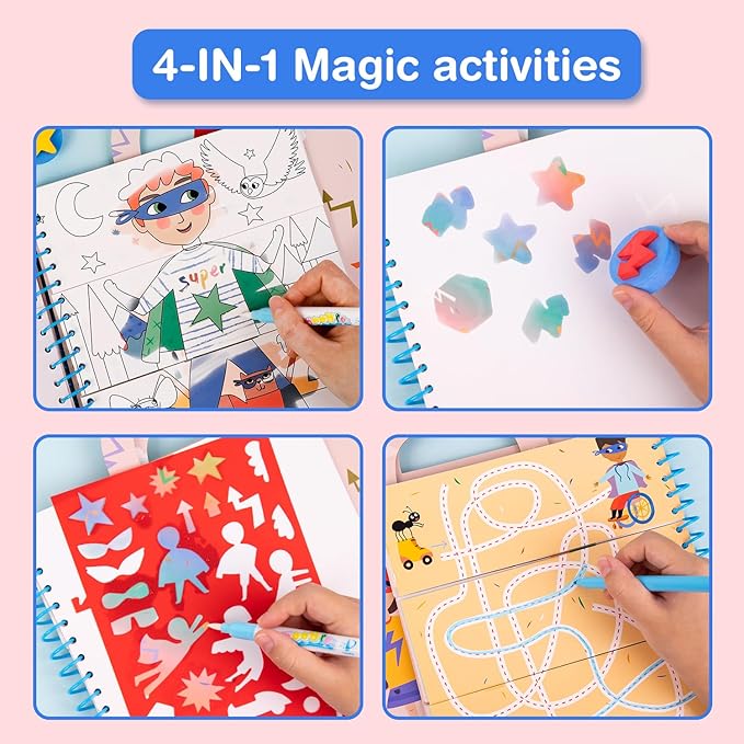 Avenir 4-in-1 Reusable Water Reveal Coloring Books for Toddlers 1-3 & 3-5 | Mess-Free Paint with Water Activity Pad | Portable Travel Road Trip Airplane Educational Creative Set for Kids