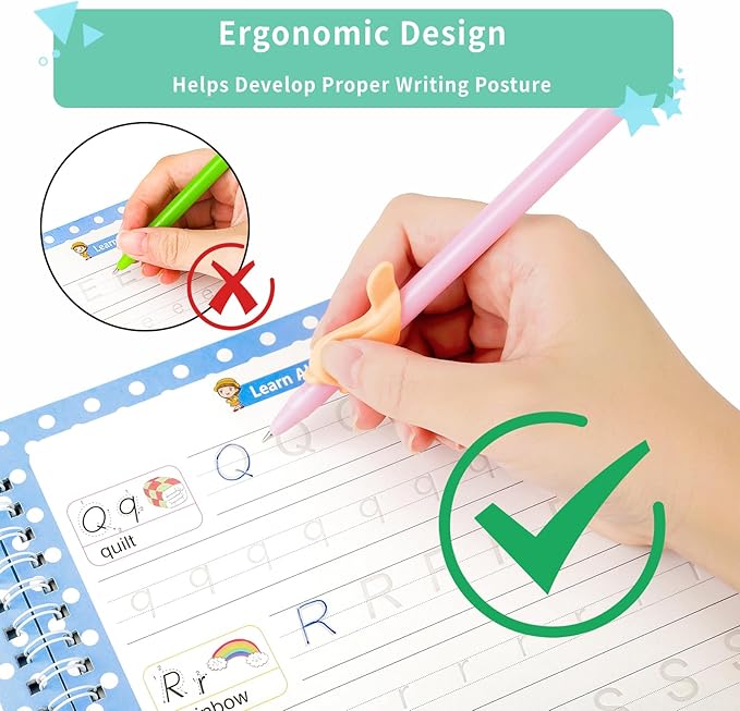 Premium Grooved Handwriting Practice for Kids, Reusable Children's Magic Copybook with Pencil Grips and Pouch, Large Size Calligraphy Workbooks Kit for Pre-School, Kindergarten(30 Refills)