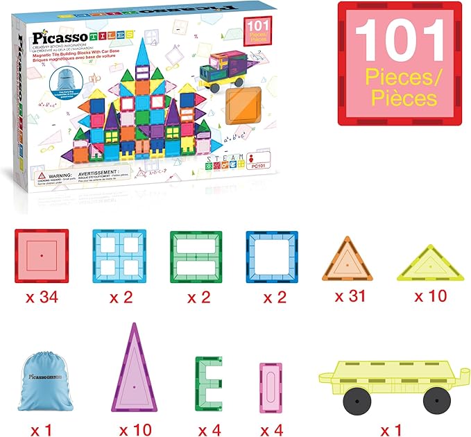 PicassoTiles 101 PCs Magnetic Tiles Building Blocks with Car & Drawstring Carry Bag Toy Storage Magnet Block for Toddlers Kids STEM Toy Set Educational Tile Learning Brain Development Ages 3+ PC101
