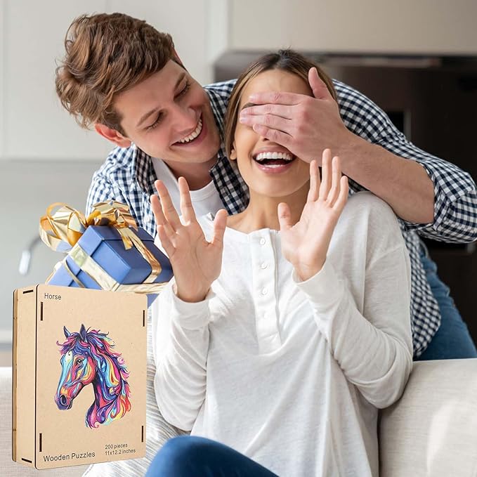 Wooden Jigsaw Puzzle, 200 Pcs Unique 3D Shape Jigsaw Puzzles, Wood Puzzle Gift Box Packing, Medium Size Letter, Creative Gift for Adults and Kids, Fun Challenging (EA4Horse, 200PCS)