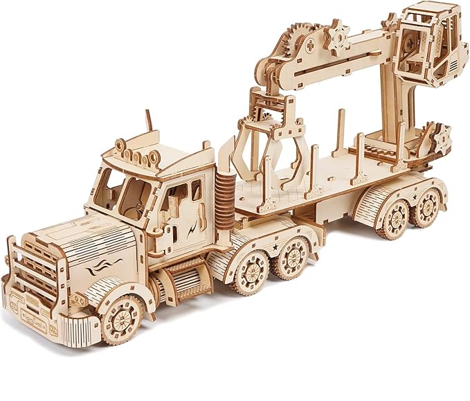 3D Wooden Puzzle Crane Truck for Adults, Large Timber Truck Logging Truck with Loading Crane, Mechanical Engineering DIY Wooden Models, Unique Gift for Kids Birthday Christmas (Crane Truck LG)