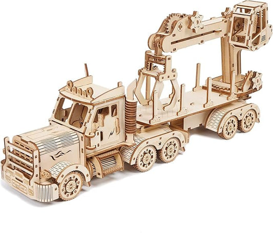 3D Wooden Puzzle Crane Truck for Adults, Large Timber Truck Logging Truck with Loading Crane, Mechanical Engineering DIY Wooden Models, Unique Gift for Kids Birthday Christmas (Crane Truck LG)