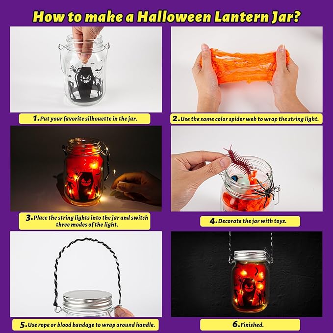 Letapapa Halloween Crafts for Kids, 4 PCS Mason Jar with Accessories for DIY Craft, Art Party Favor Supplies, Halloween Decoration Trick or Treating, Classroom Art Activities