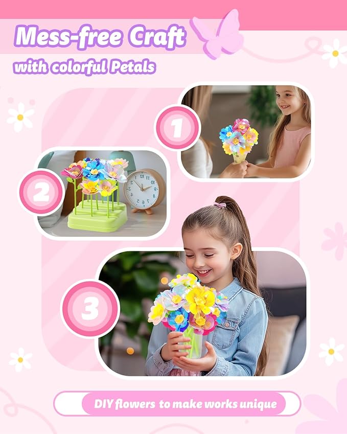 Pussan Arts and Crafts Kits for Kids Age 3-12, Birthday Gifts for 3 4 5 6 7 8 9+ Year Old Girls, DIY Fabric Flower Bouquet Kit Toys for Kids Activities Holidays Parties