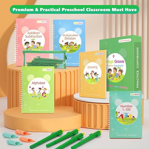 Magic Groove Practice Copybook for Kids, Reusable Writing Practice Book, Grooved Handwriting Book Set for Kids Ages 3-8 Calligraphy 5.59 * 7.91 (5 Medium Books with Cactus Pens & Gift Box)